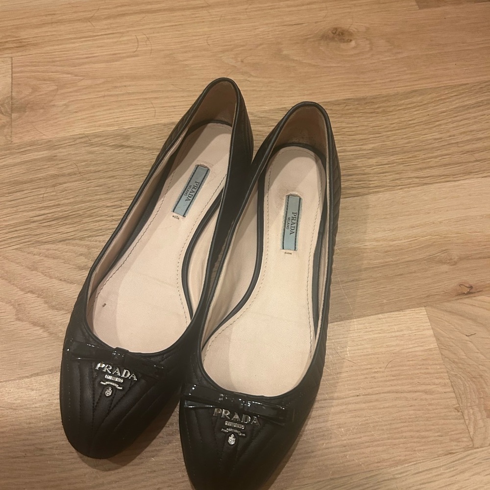 Prada Black Leather Flats with Embellished Toe
